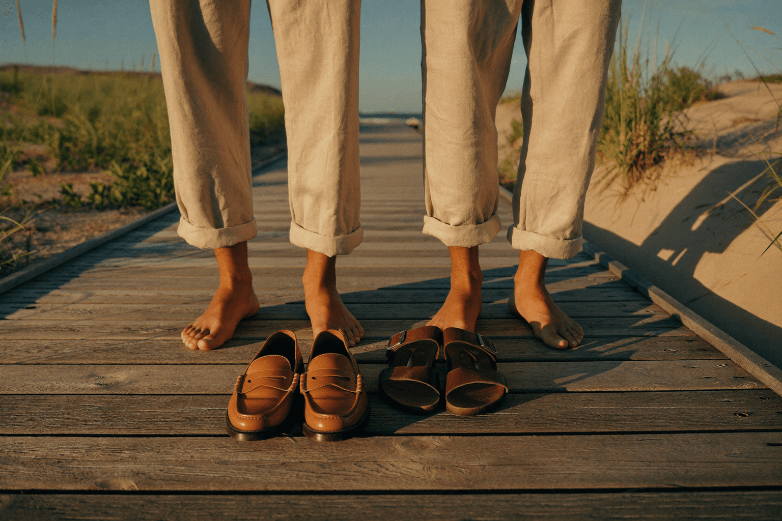 Groom and groomsmen loafers on a beach boardwalk before a Florida wedding