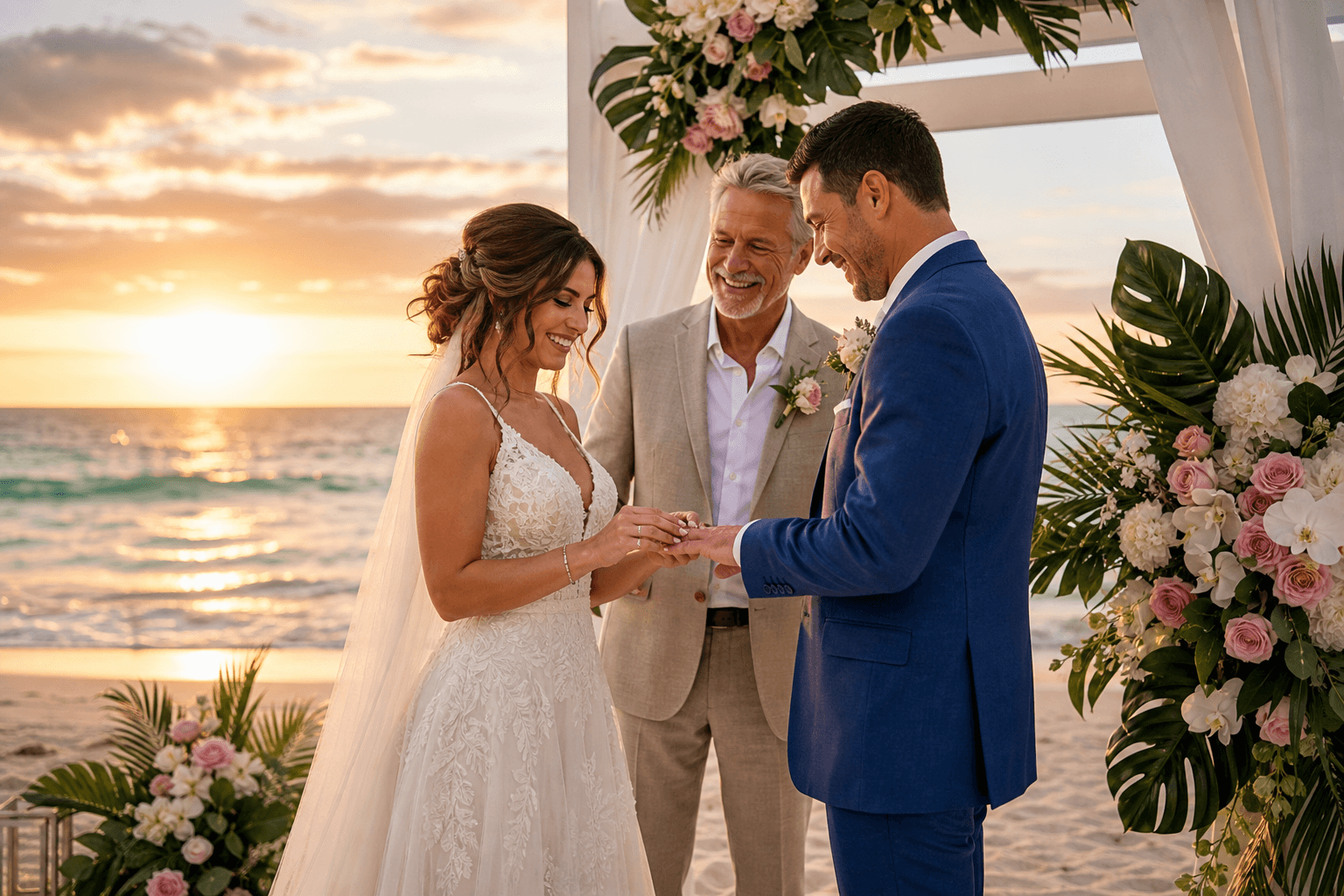 Bride and groom exchanging rings during a Florida beach wedding ceremony as their officiant looks on