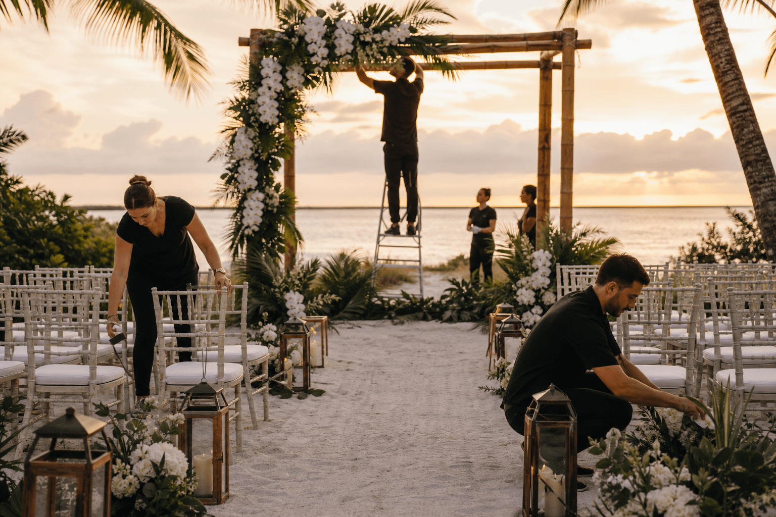 Florida beach wedding planning checklist in action as a professional team prepares a tropical ceremony arch, chairs, flowers, and lanterns