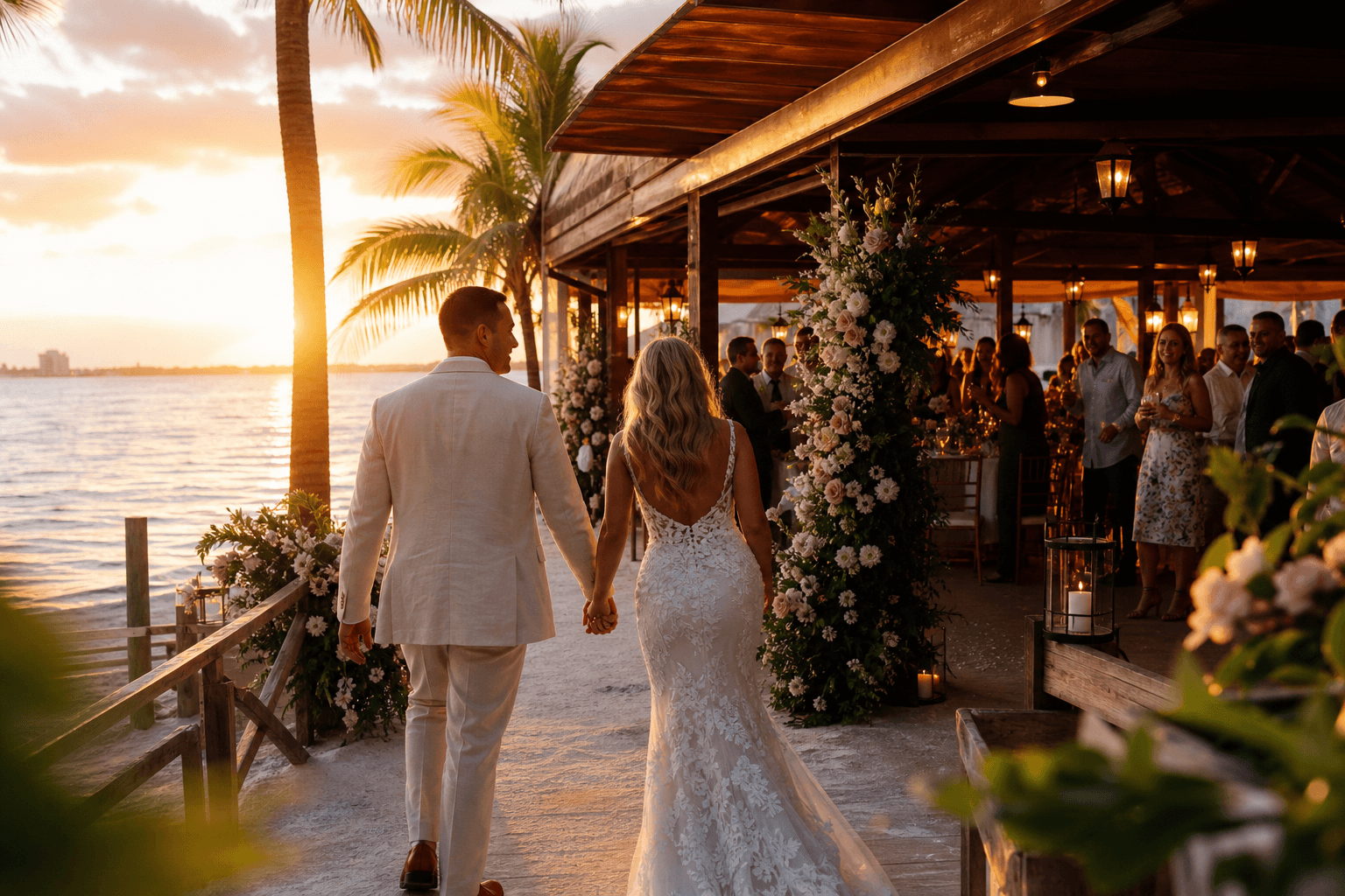 Florida beach wedding planning checklist completed as newlyweds enter a tropical waterfront reception at golden hour
