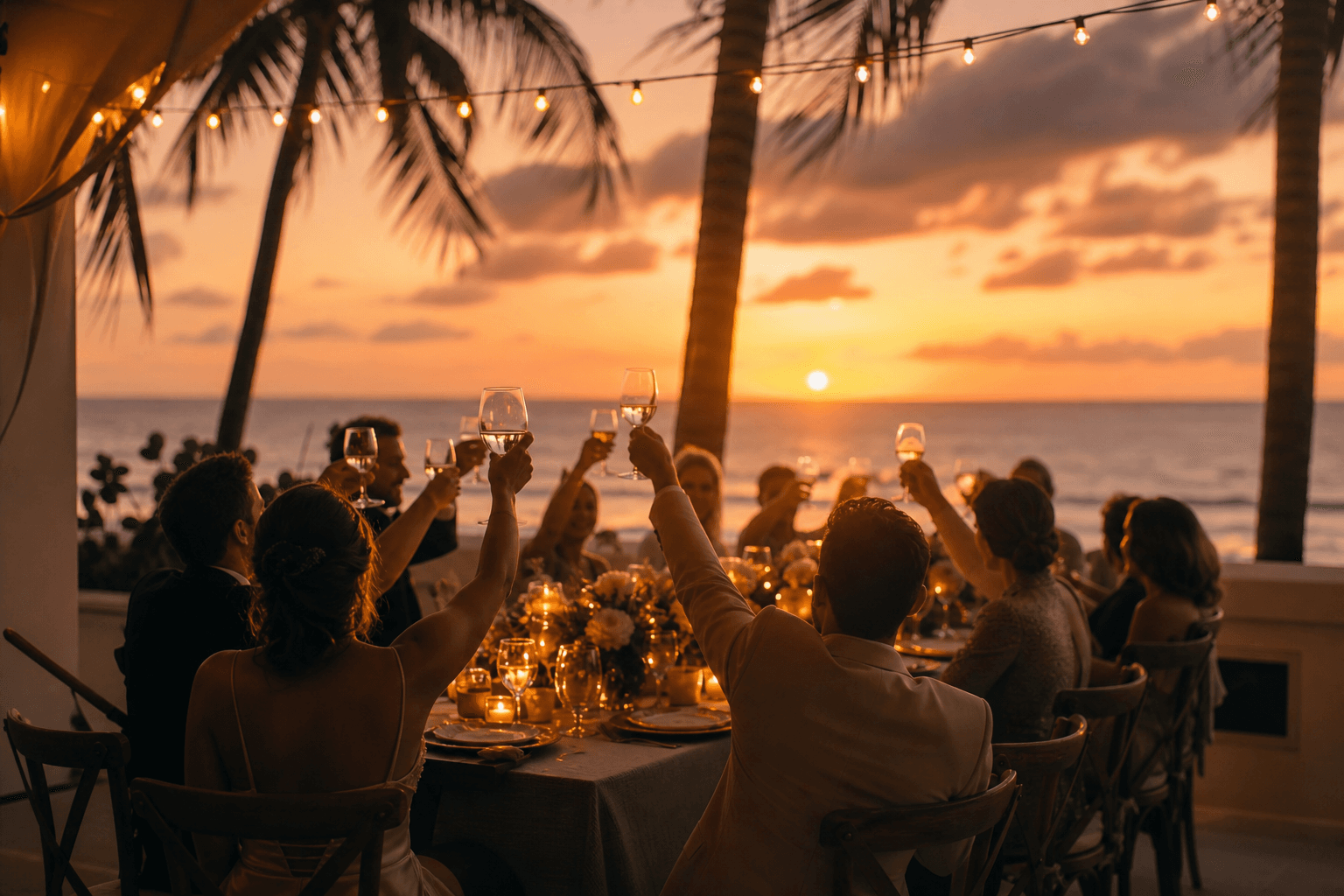 Wedding party toasting at a Florida beach wedding rehearsal dinner on a beachfront terrace at sunset