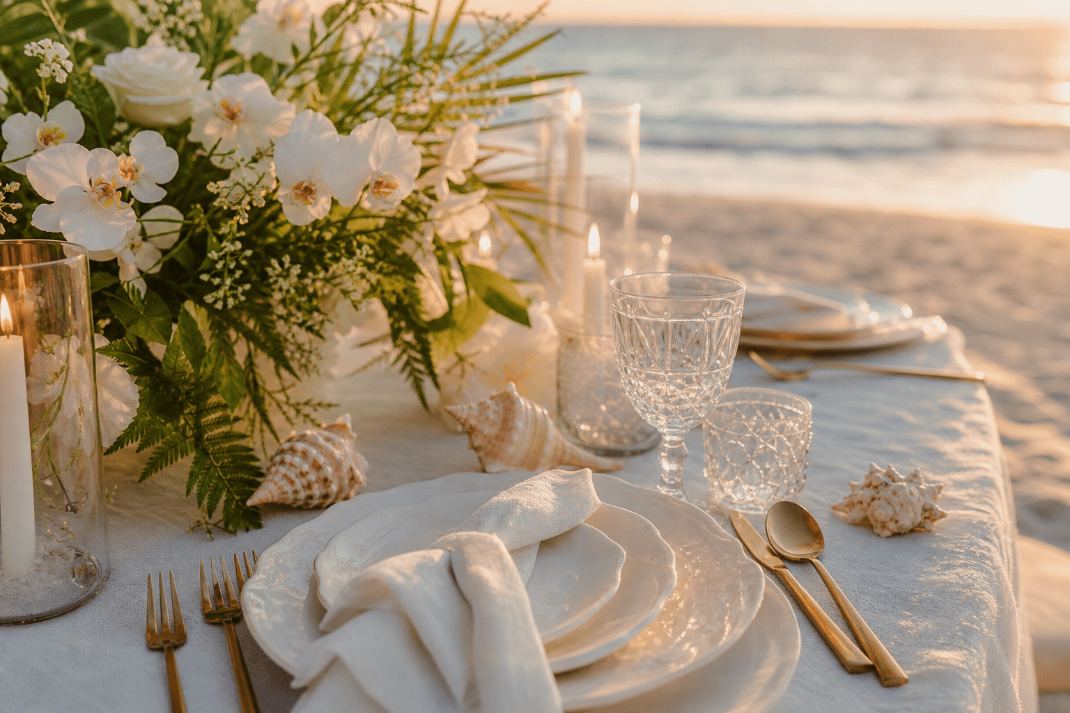 Elegant Florida beach rehearsal dinner table setting with tropical floral centerpiece and candles at golden hour