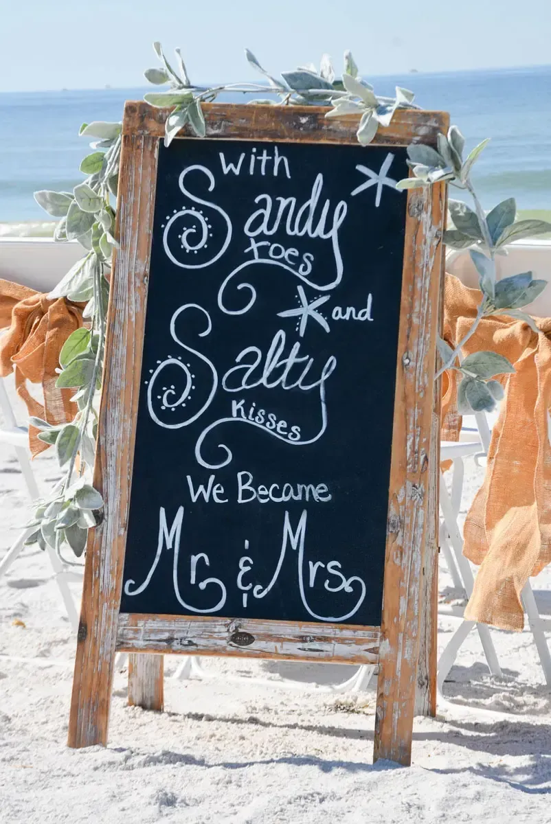 Chalkboard sign on beach:
