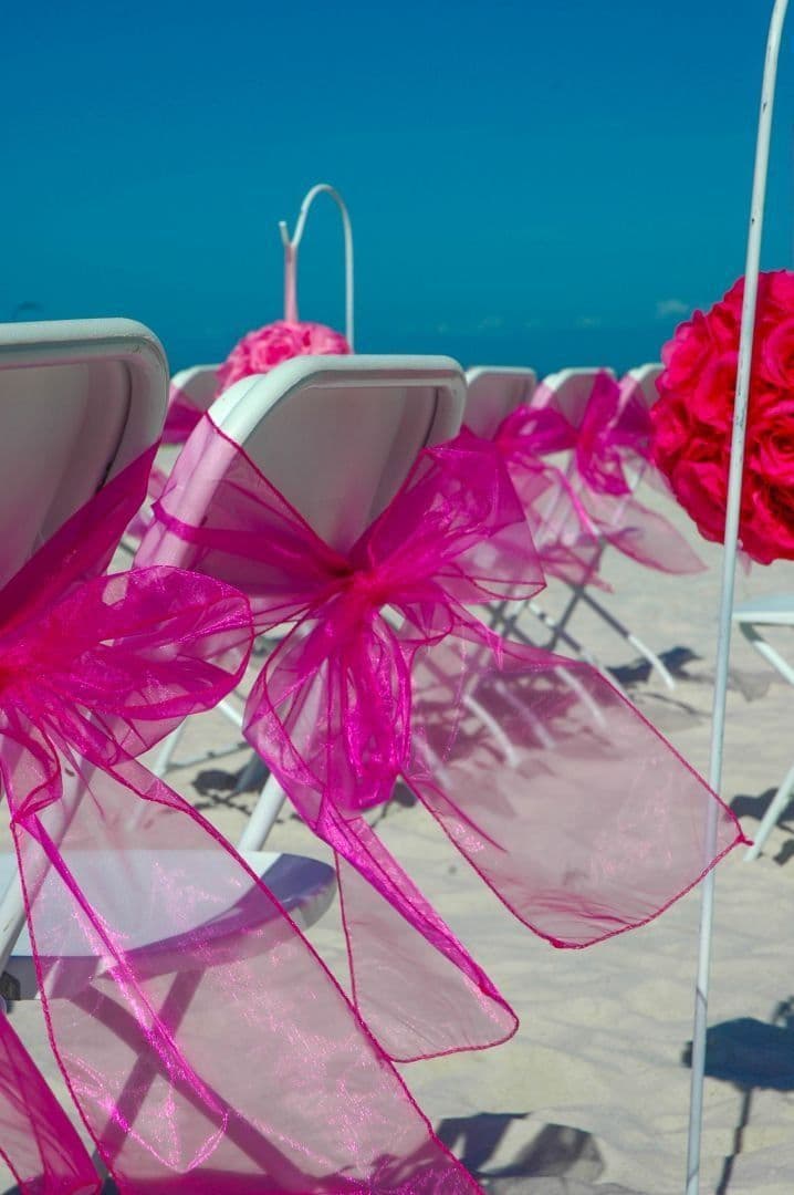 White chairs decorated with bright pink bows on a beach.