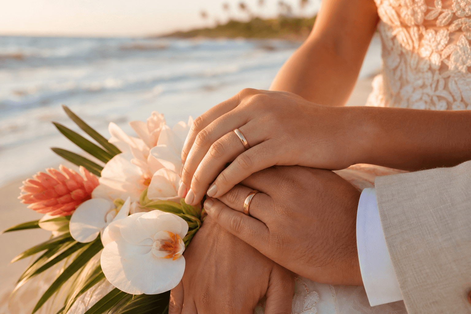 Close-up of a couple's hands with wedding rings after a Florida beach elopement, resting near tropical florals with the ocean in soft focus