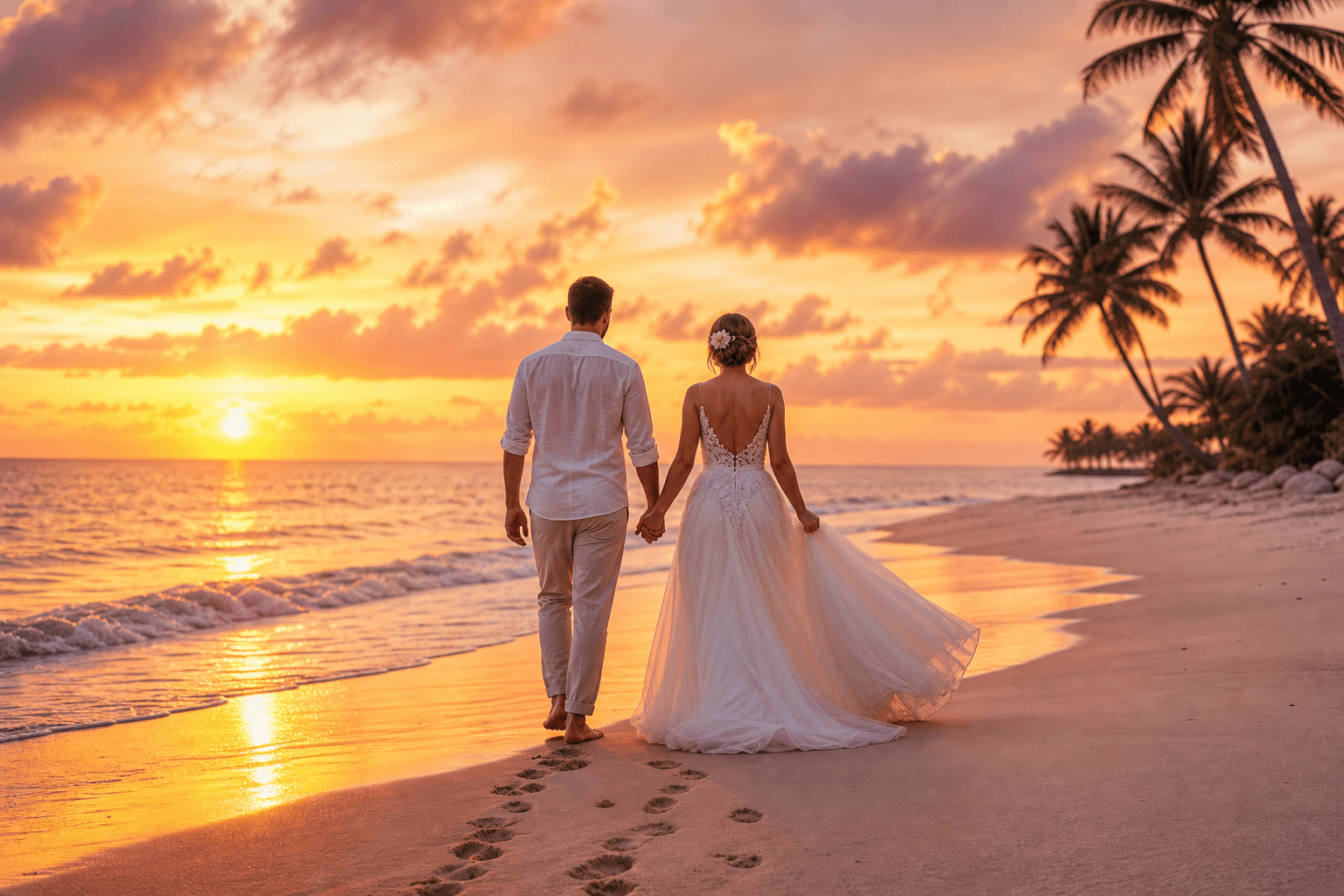 Newlywed couple walking hand in hand along a quiet Florida beach elopement location at sunset, footprints in the sand and palm trees along the shoreline