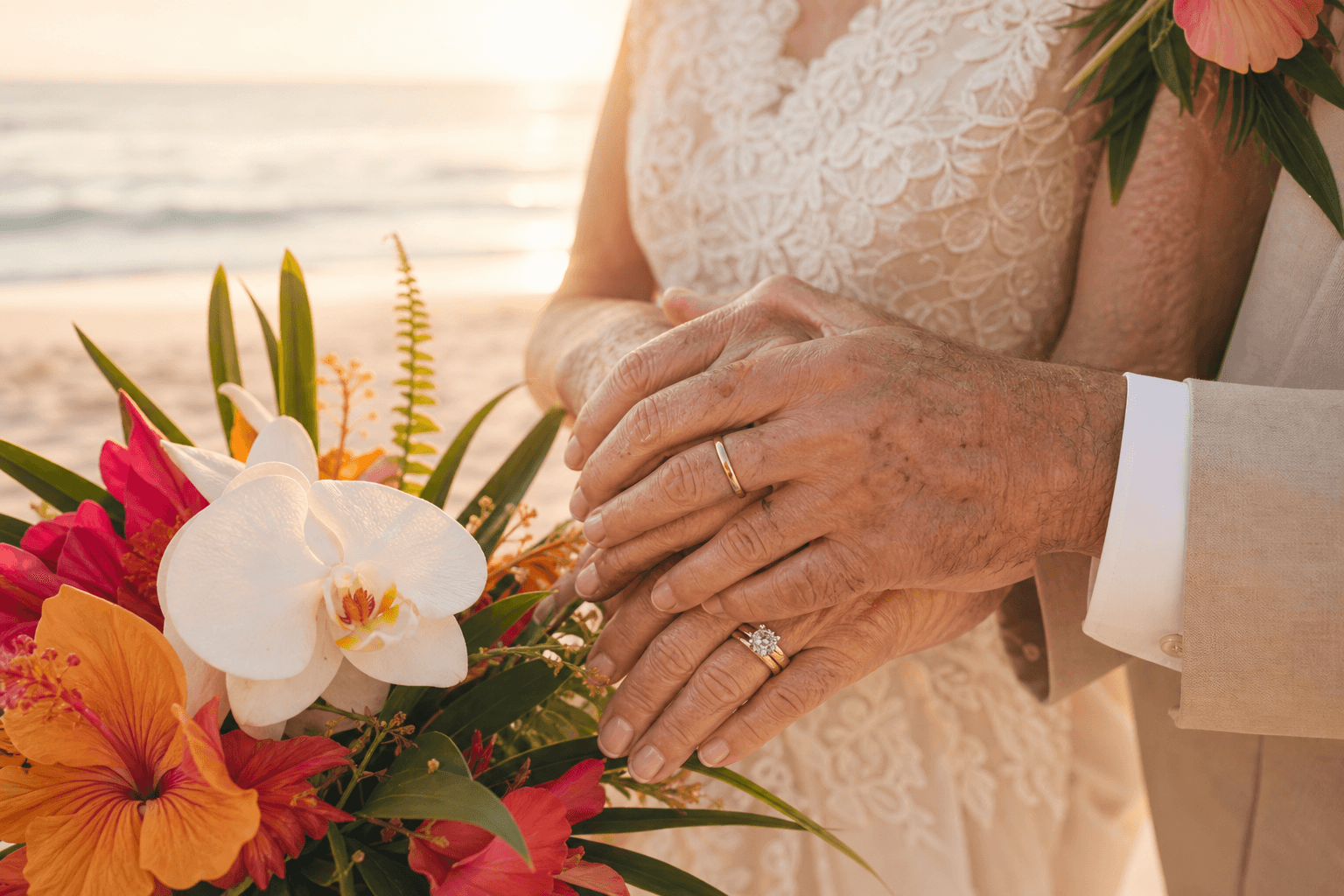 Close-up of a couple's hands and wedding rings with tropical orchids during a Florida beach vow renewal