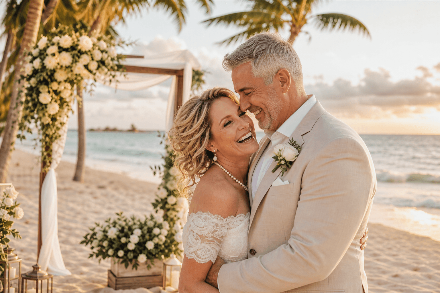Couple embracing on a Florida beach after their vow renewal ceremony with floral decor and palm trees at sunset