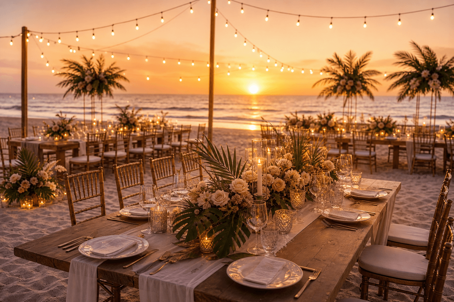 Casual Florida beach wedding reception with string lights and dining tables at sunset, the kind of setup included in a Paradise Found or Seaside Celebration Florida beach wedding budget