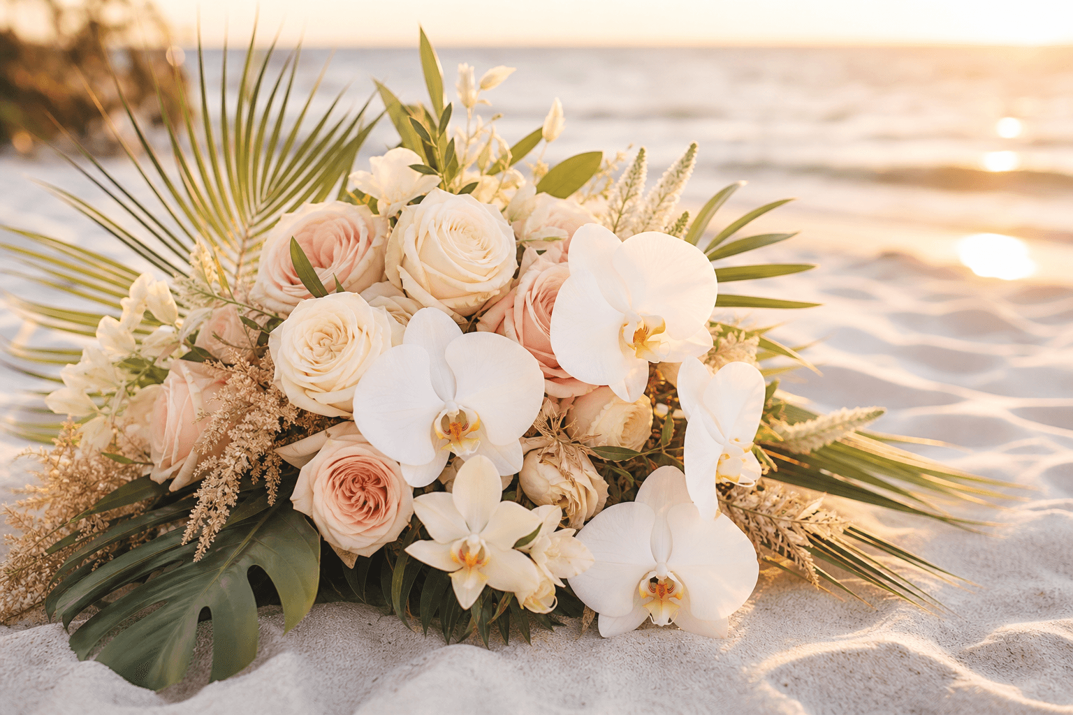 Close-up of an elegant tropical floral bouquet with roses and orchids on the sand, a popular splurge item in a Florida beach wedding budget