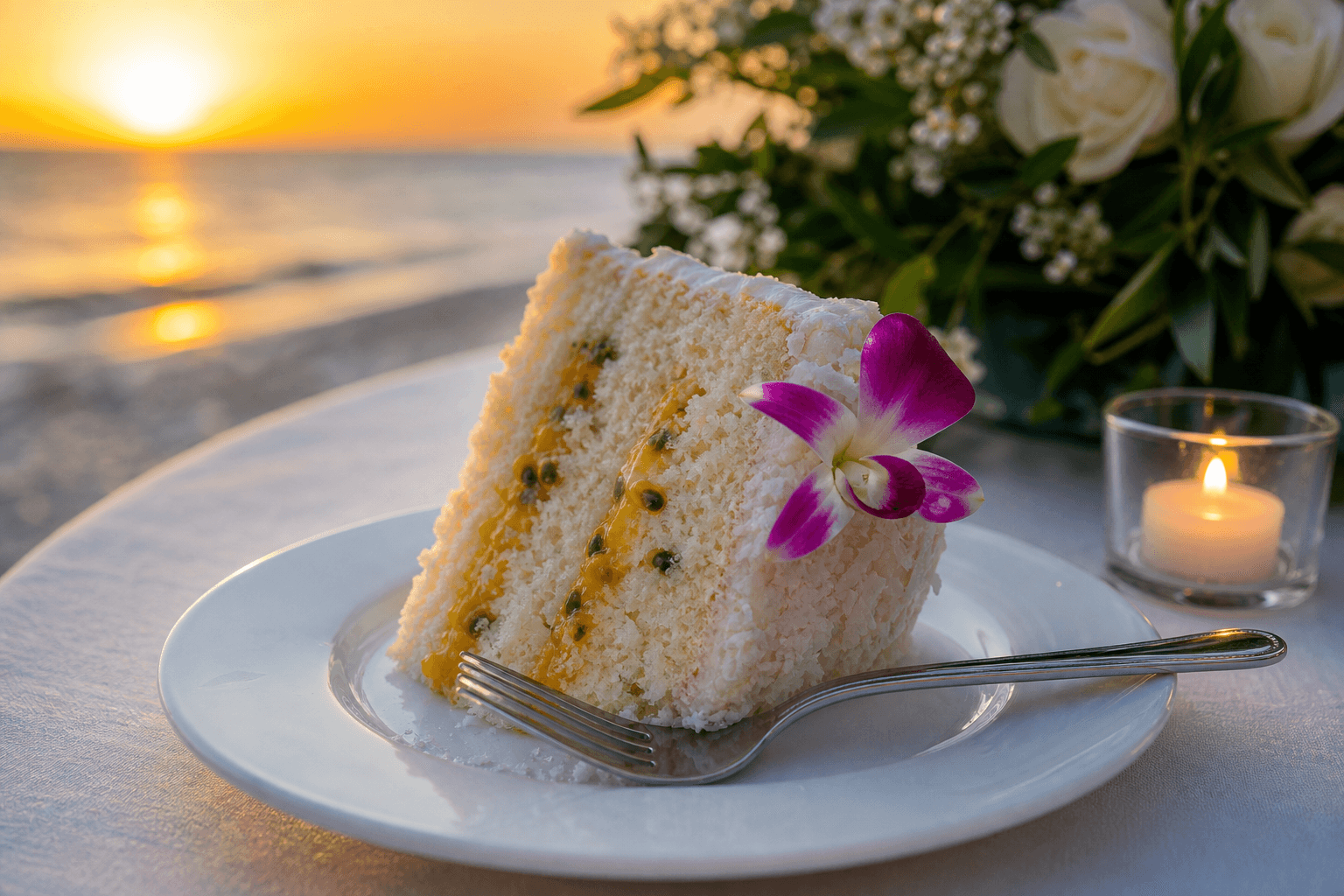 Slice of Florida beach wedding cake with passionfruit filling and an orchid garnish on a white plate at sunset near the ocean