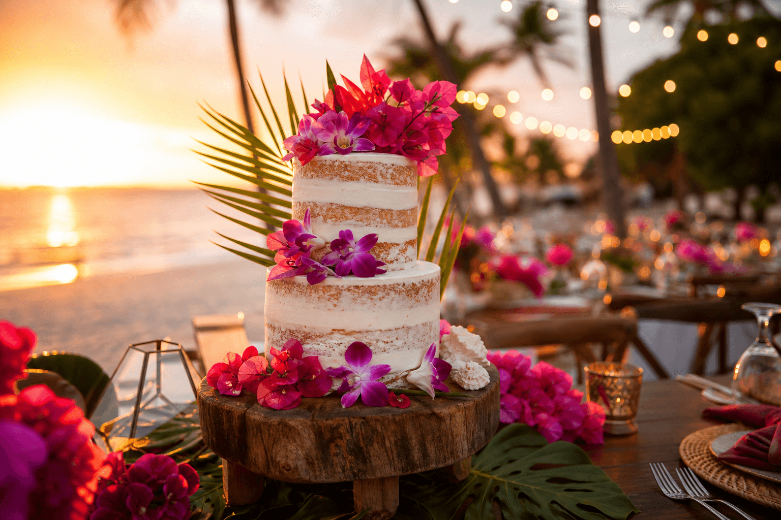 Two-tier semi-naked Florida beach wedding cake with bougainvillea and orchid flowers on a wood stand at a beach reception with string lights at sunset