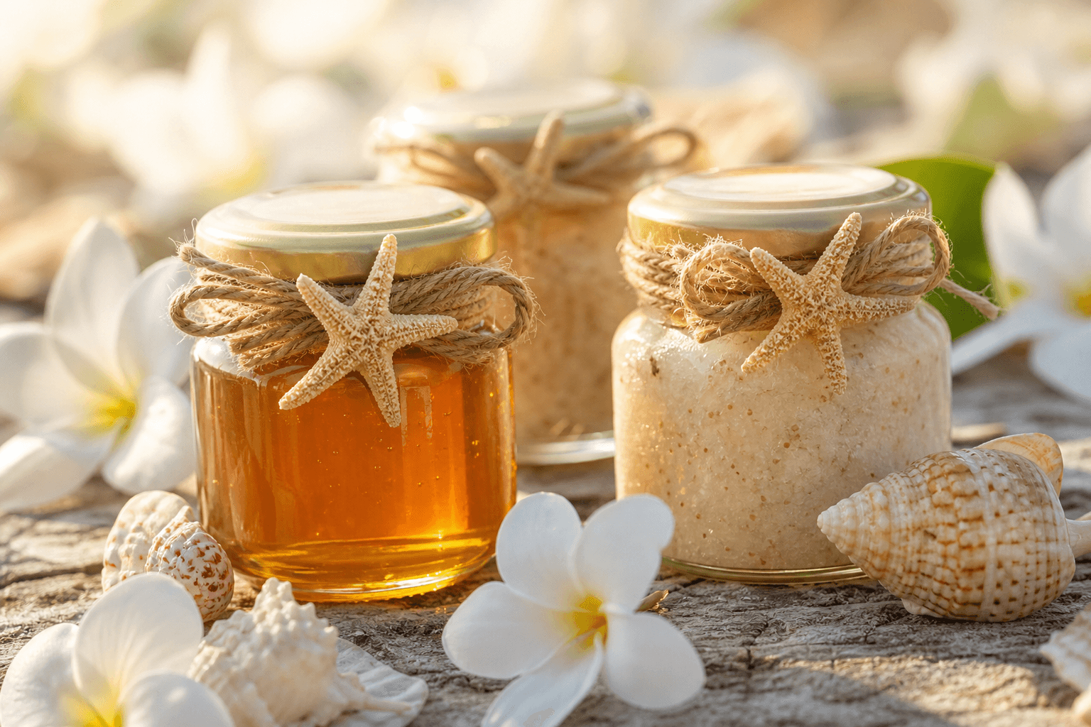 Close-up of Florida beach wedding favors: small jars of local honey and sea salt scrub tied with twine and a starfish, surrounded by white tropical flowers and seashells