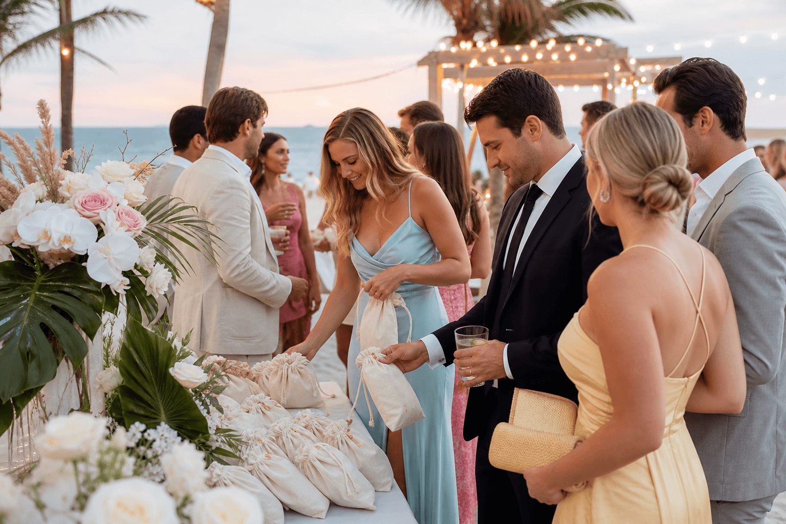Wedding guests at a Florida beach reception picking up favor bags from a table decorated with tropical white florals and string lights at sunset