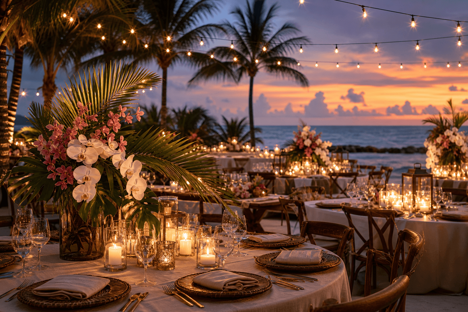 Close-up of tropical floral bouquet and wedding rings on the sand at golden hour, representing the deposits Florida beach wedding insurance protects