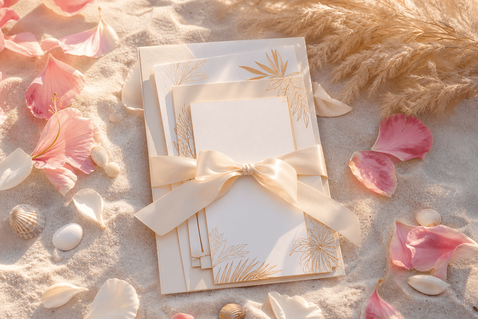 Elegant gold foil Florida beach wedding invitation suite tied with ribbon on white sand with pink hibiscus petals and seashells
