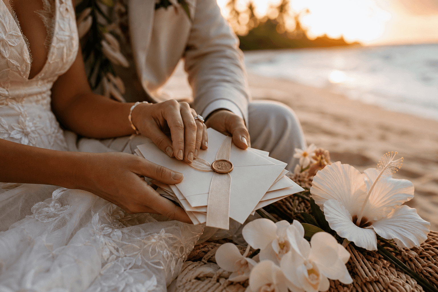 Bride and groom holding wax-sealed Florida beach wedding invitation envelopes together at sunset with white hibiscus and orchids