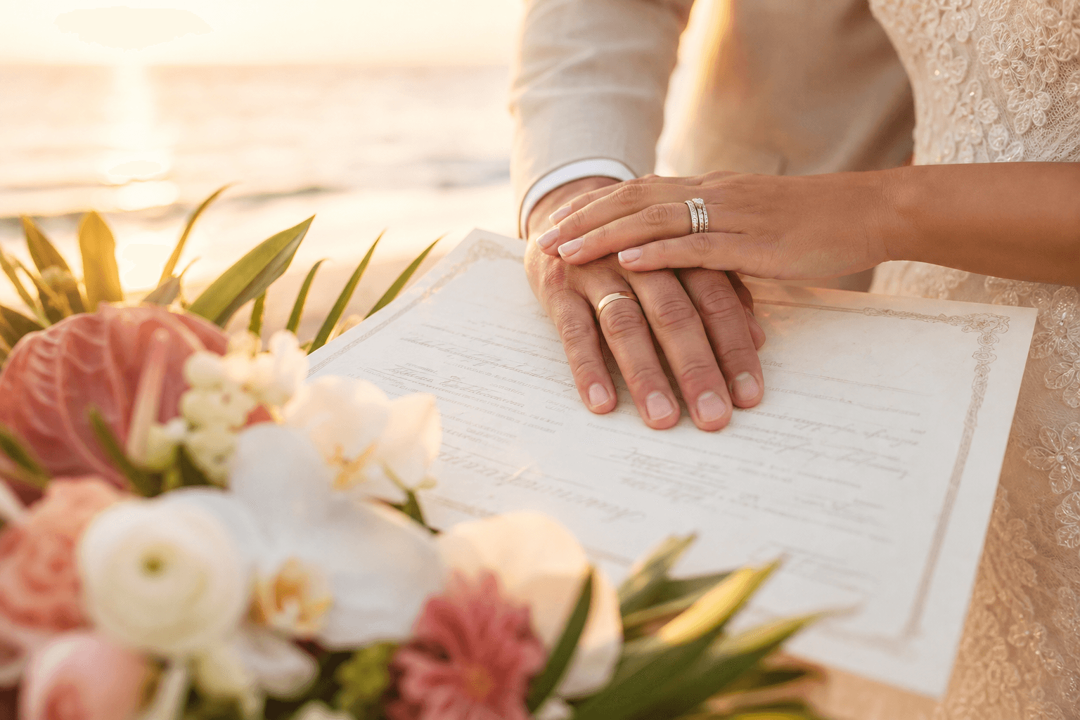 Close-up of a couple's hands holding a signed Florida beach wedding marriage license and wedding rings, with tropical florals and ocean in soft focus