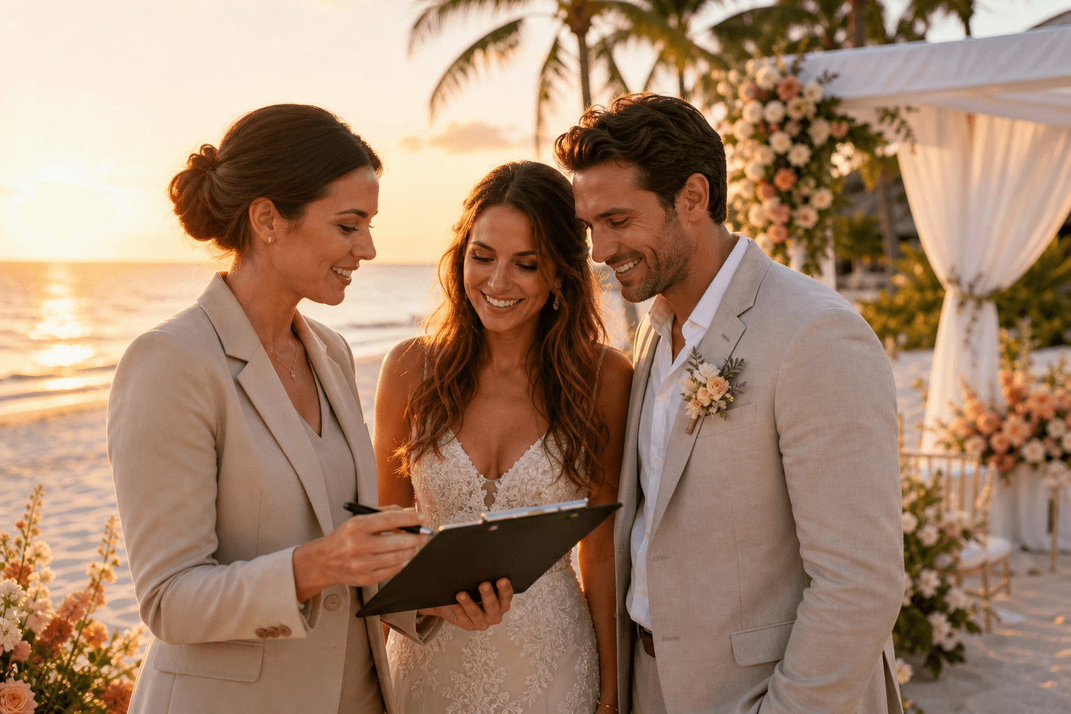 Wedding planner reviewing marriage license paperwork on a clipboard with a couple at a Florida beach ceremony site at golden hour