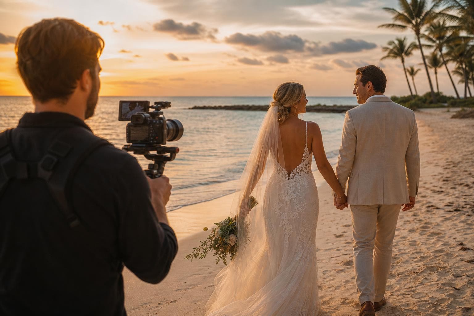 Wedding videographer filming a bride and groom walking together along a Florida beach at golden hour during their Florida beach wedding videography session