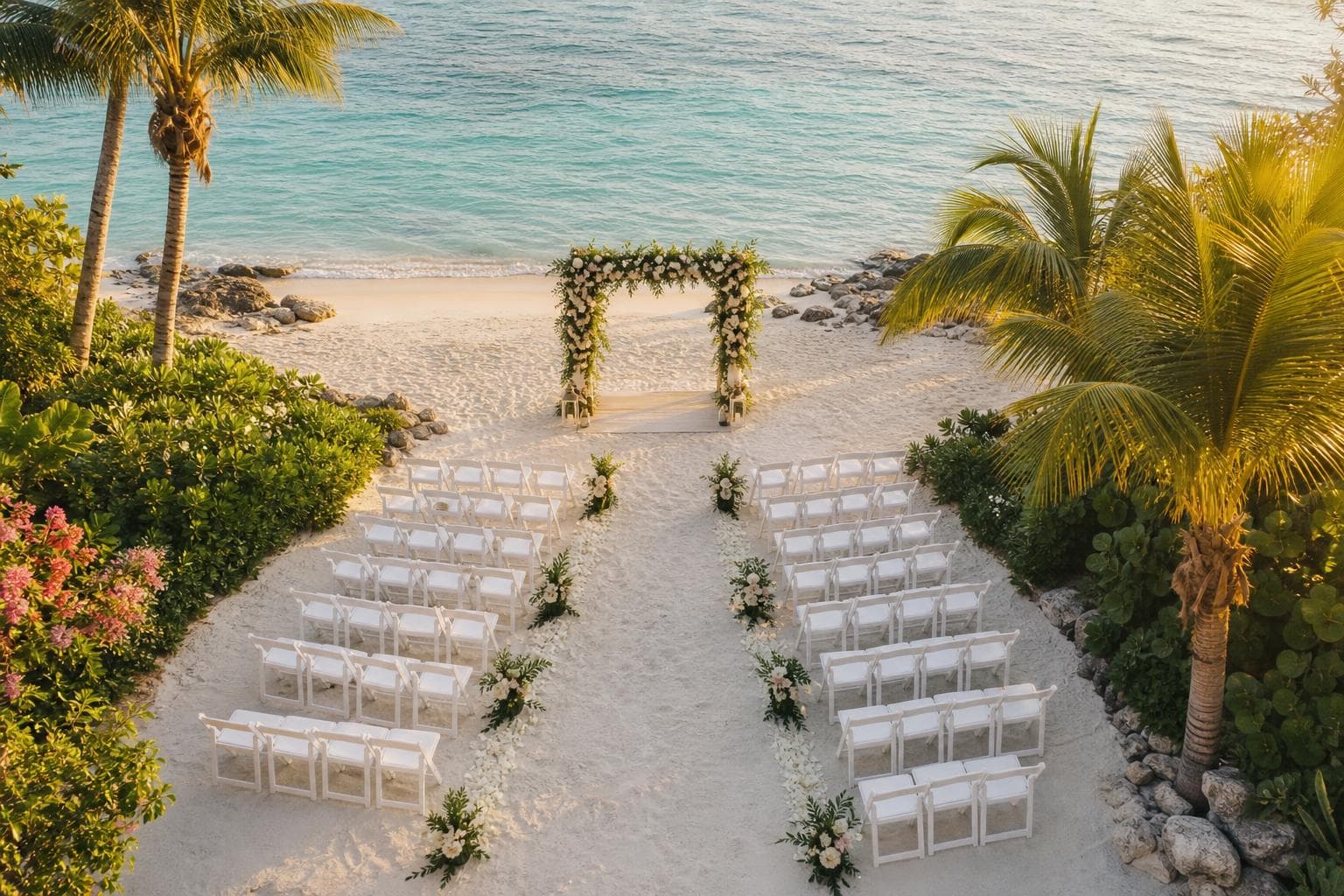 Aerial view of a Florida beach wedding ceremony setup with white chairs on white sand facing a floral arch — the kind of scene Florida beach wedding videography captures beautifully