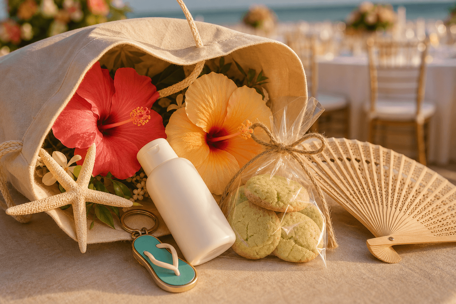 Open Florida beach wedding welcome bag with sunscreen, a flip-flop charm, key lime cookies, a paper hand fan, and tropical hibiscus flowers on a table