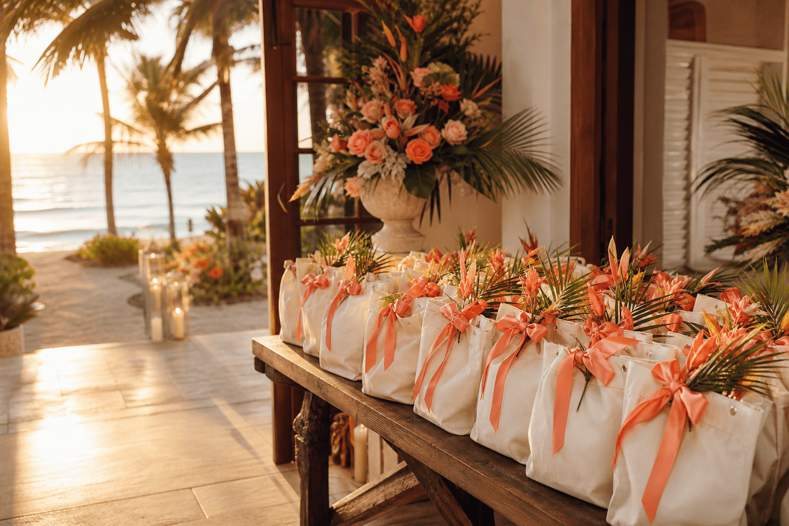 Rows of Florida beach wedding welcome bags with coral ribbon and tropical floral sprigs on a table at a resort entryway at sunset with palm trees and ocean visible